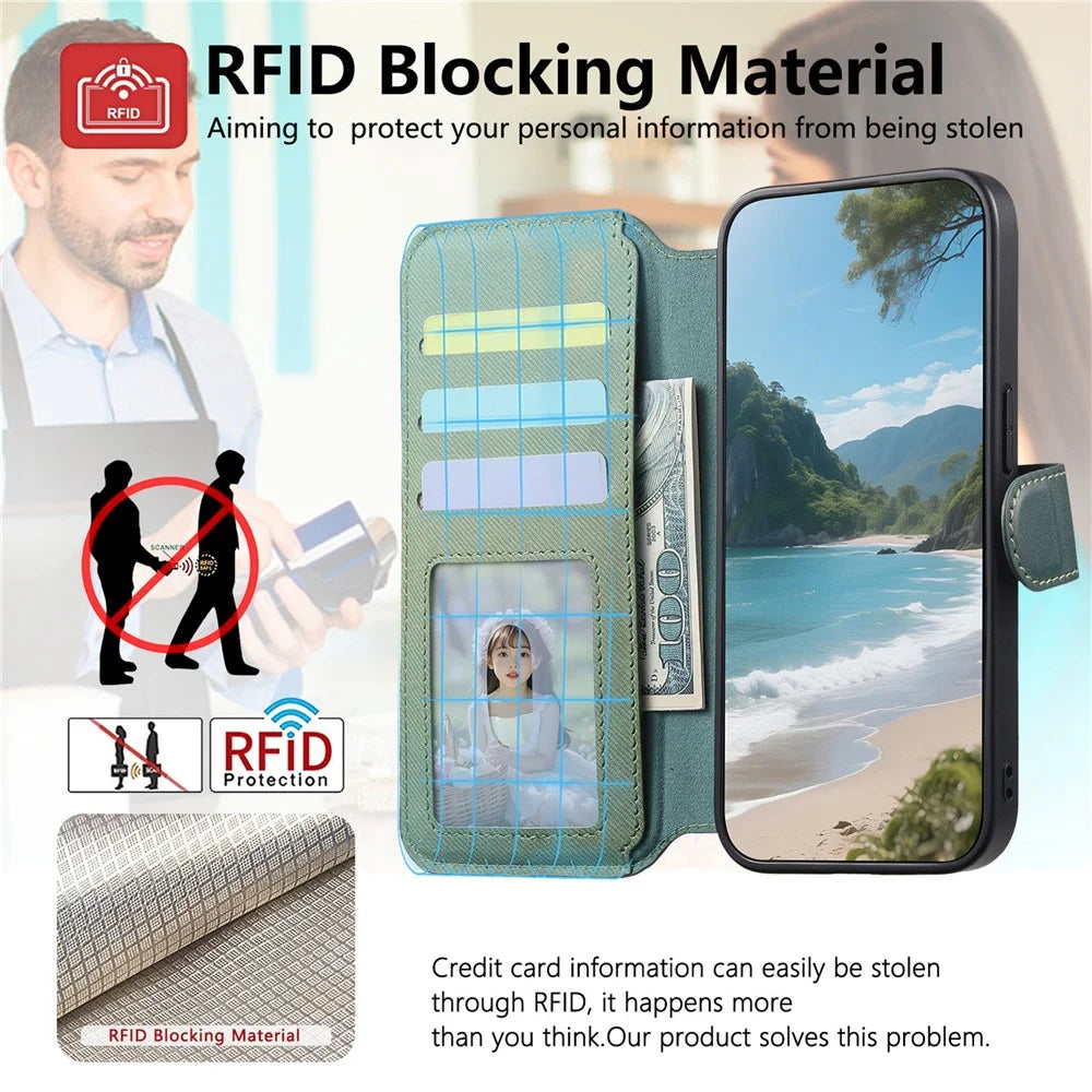 For Realme 16 Pro+ 5G Magnetic Case RFID Blocking Detachable Wallet Stand Cloth Texture Leather Phone Cover - Green - 4