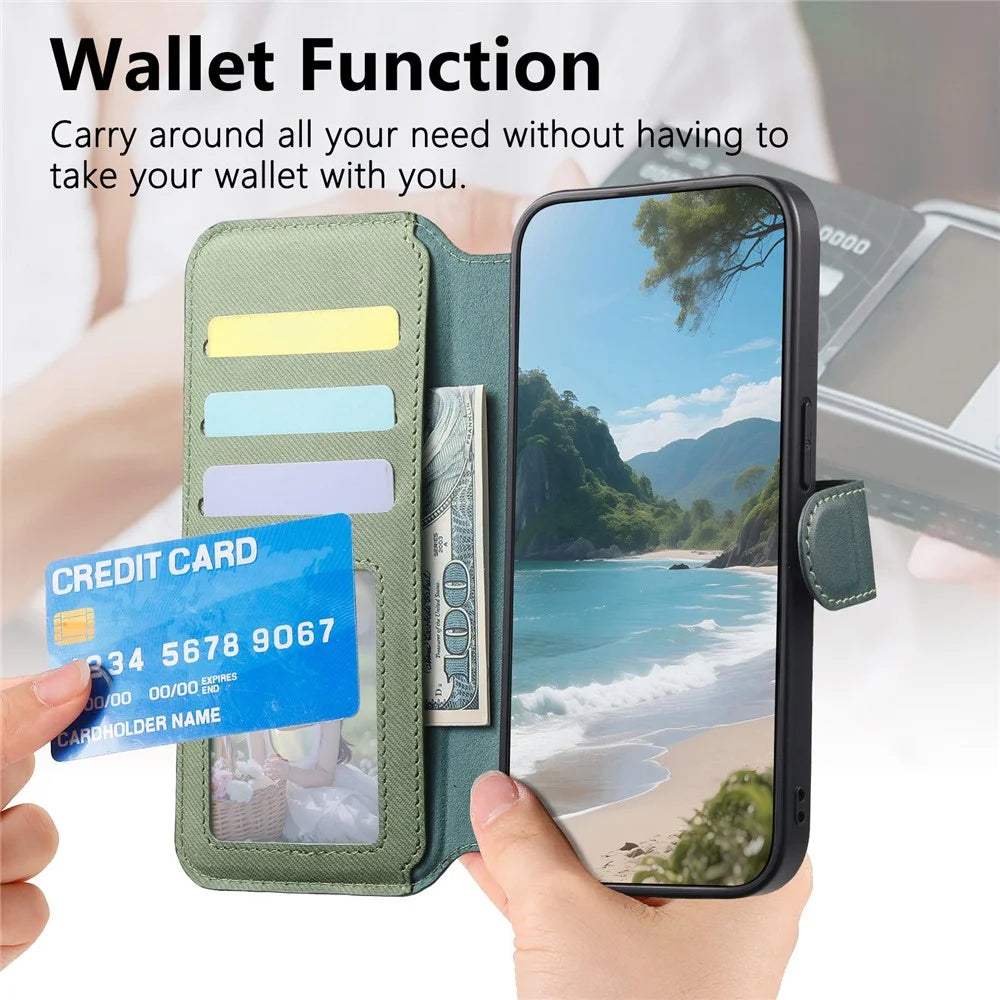 For Realme 16 Pro+ 5G Magnetic Case RFID Blocking Detachable Wallet Stand Cloth Texture Leather Phone Cover - Green - 6