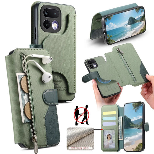 For Realme 16 Pro 5G Magnetic Case RFID Blocking Detachable Wallet Stand Cloth Texture Leather Phone Cover - Green - 1