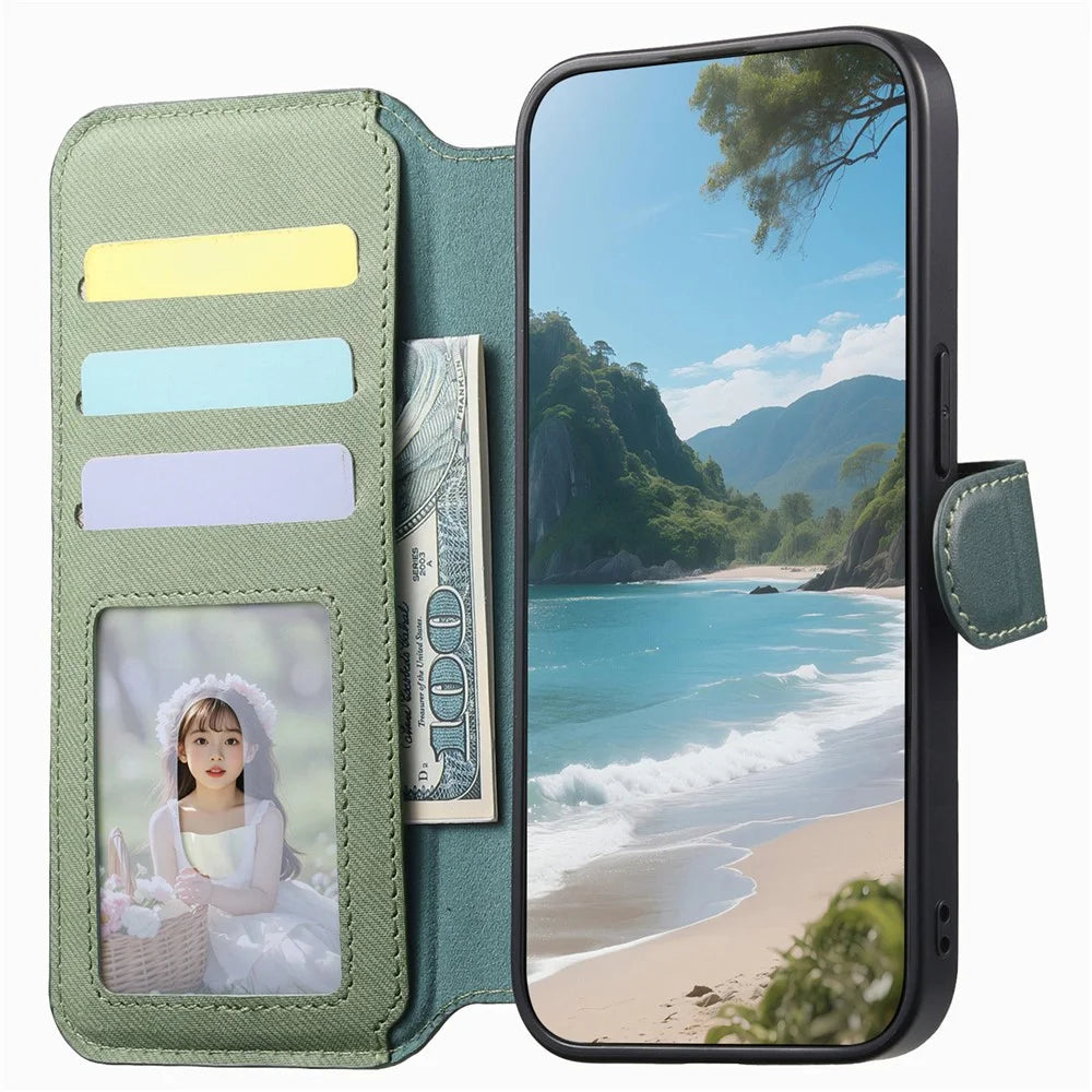For Realme 16 Pro 5G Magnetic Case RFID Blocking Detachable Wallet Stand Cloth Texture Leather Phone Cover - Green - 2