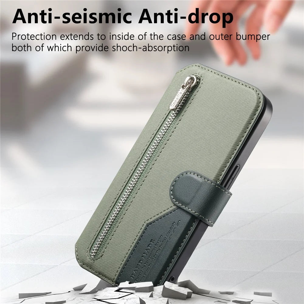 For Realme 16 Pro 5G Magnetic Case RFID Blocking Detachable Wallet Stand Cloth Texture Leather Phone Cover - Green - 5