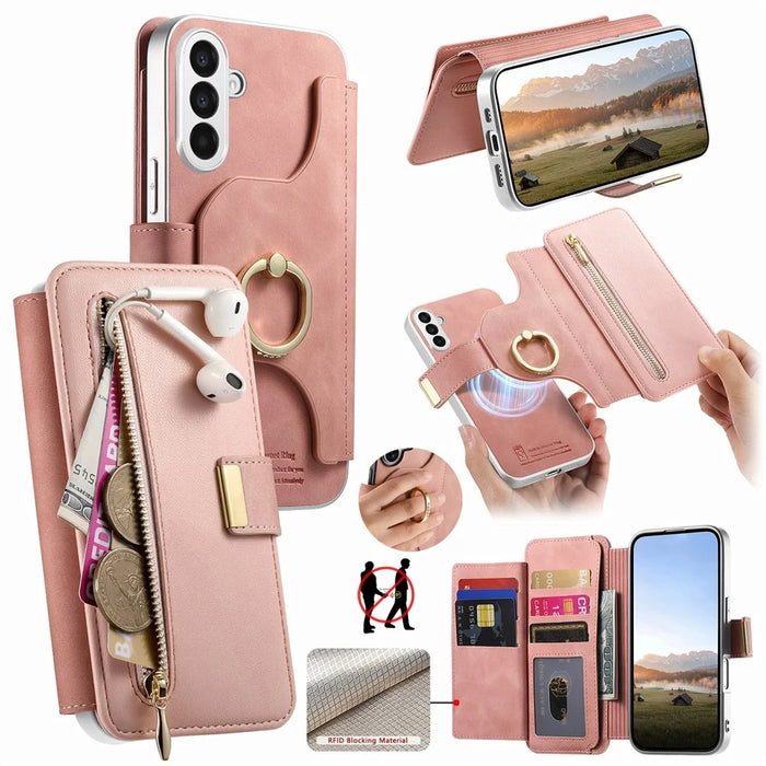 For Samsung Galaxy S26 Case RFID Blocking Detachable Magnetic Leather Phone Cover with Ring Holder - Pink - 1
