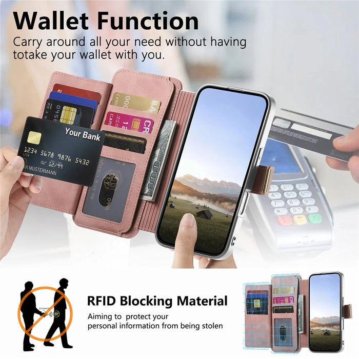 For Samsung Galaxy S26 Case RFID Blocking Detachable Magnetic Leather Phone Cover with Ring Holder - Pink - 4