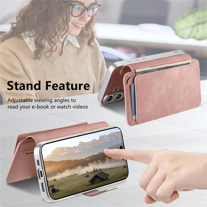 For Samsung Galaxy S26 Case RFID Blocking Detachable Magnetic Leather Phone Cover with Ring Holder - Pink - 5