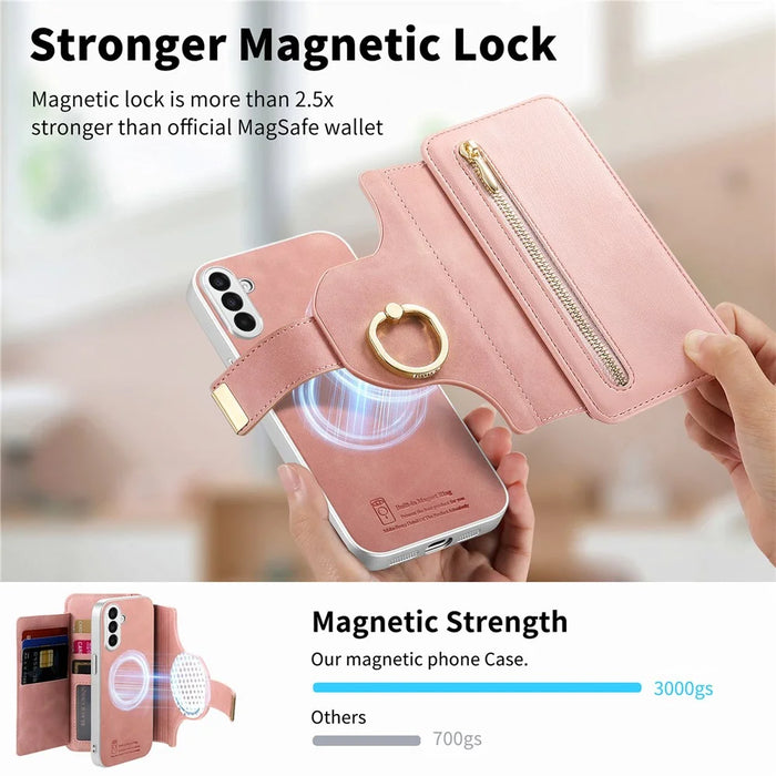For Samsung Galaxy S26 Case RFID Blocking Detachable Magnetic Leather Phone Cover with Ring Holder - Pink - 7