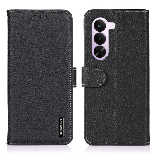 KHAZNEH For OnePlus Nord CE6 Lite 5G  /  Realme P4x 5G Wallet Case Litchi Texture Genuine Cow Leather Flip Phone Cover - Black - 1