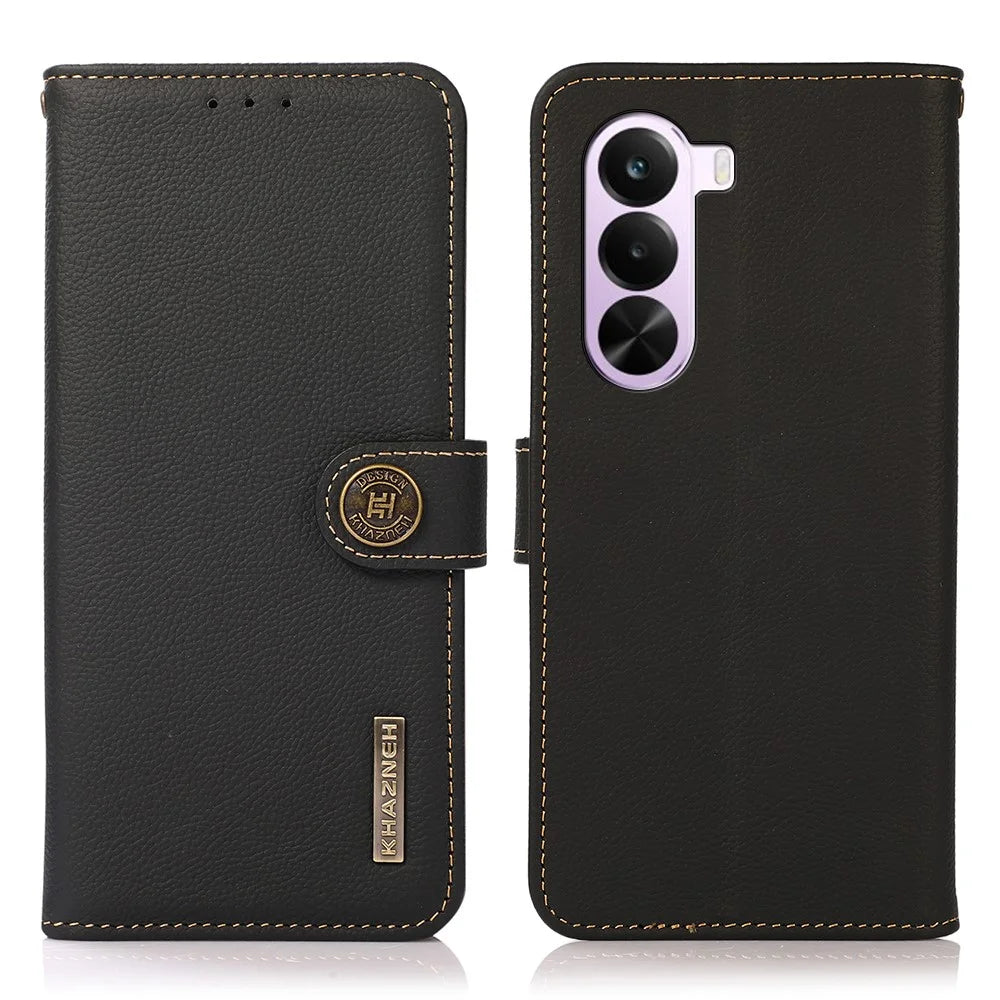 KHAZNEH for OnePlus Nord CE6 Lite 5G / Realme P4x 5G Case Genuine Cow Leather RFID Blocking Wallet Phone Cover - Black - 1