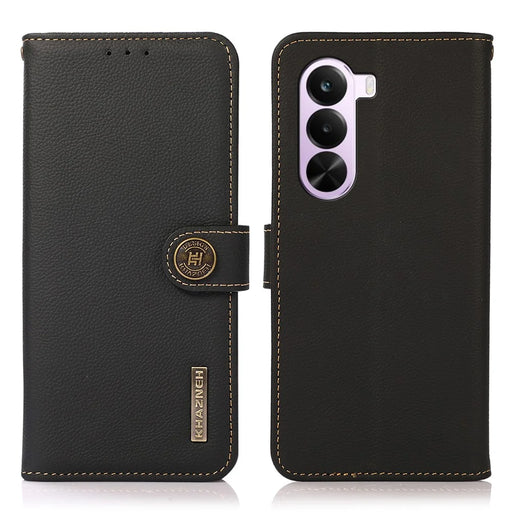 KHAZNEH for OnePlus Nord CE6 Lite 5G / Realme P4x 5G Case Genuine Cow Leather RFID Blocking Wallet Phone Cover - Black - 1