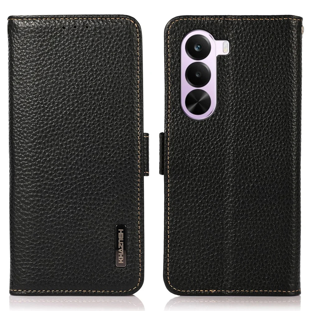 KHAZNEH for OnePlus Nord CE6 Lite 5G / Realme P4x 5G Phone Case Litchi Texture Genuine Cow Leather Cover RFID Blocking - Black - 1