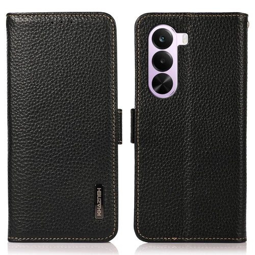 KHAZNEH for OnePlus Nord CE6 Lite 5G / Realme P4x 5G Phone Case Litchi Texture Genuine Cow Leather Cover RFID Blocking - Black - 1