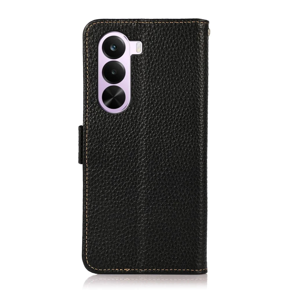 KHAZNEH for OnePlus Nord CE6 Lite 5G / Realme P4x 5G Phone Case Litchi Texture Genuine Cow Leather Cover RFID Blocking - Black - 7