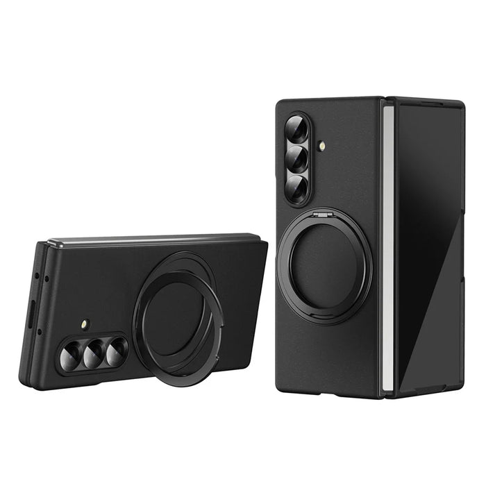 For Samsung Galaxy Z Fold8 Ultra Magnetic Case Ring Kickstand Hard PC Cover with Tempered Glass Screen Film - Black - 1