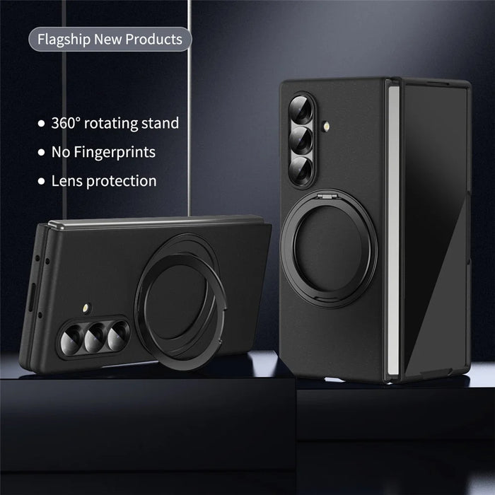 For Samsung Galaxy Z Fold8 Ultra Magnetic Case Ring Kickstand Hard PC Cover with Tempered Glass Screen Film - Black - 3