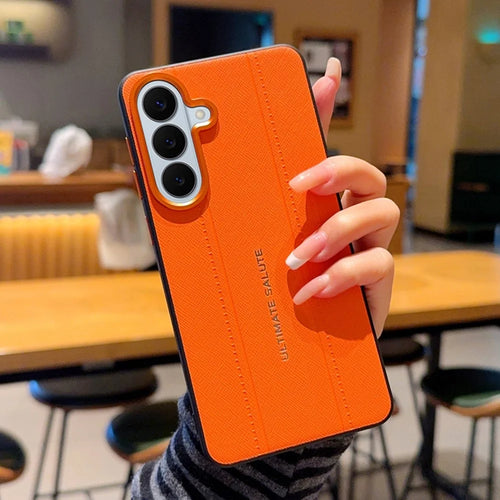 For Samsung Galaxy S24+ Case Leather Texture PC + TPU Anti-slip Protective Phone Cover - Orange - 1
