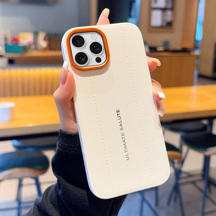 For iPhone 16 Pro Max Case Leather Texture PC + TPU Anti-slip Protective Phone Cover - White - 1