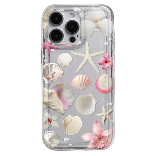 For iPhone 16 Pro Max Case Floral Starfish Shell Pattern Clear TPU Protective Phone Cover - Pink - 1