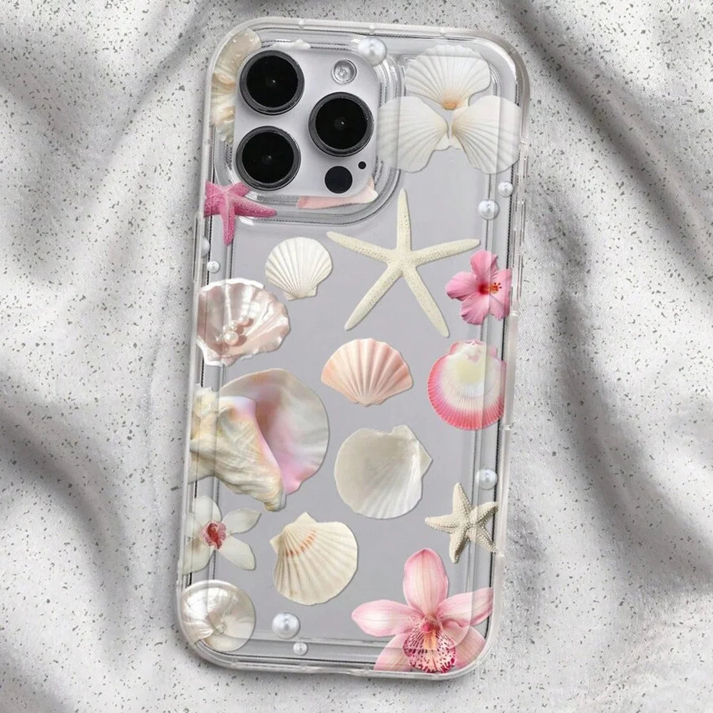 For iPhone 16 Pro Max Case Floral Starfish Shell Pattern Clear TPU Protective Phone Cover - Pink - 2