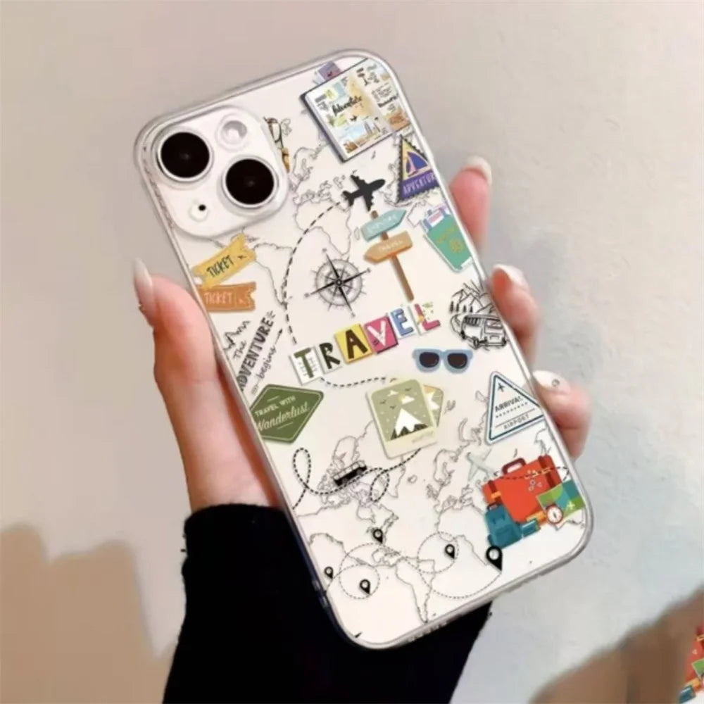 For iPhone 15 Case Travel Map Aircraft Pattern Clear TPU Shockproof Phone Cover - Transparent - 4