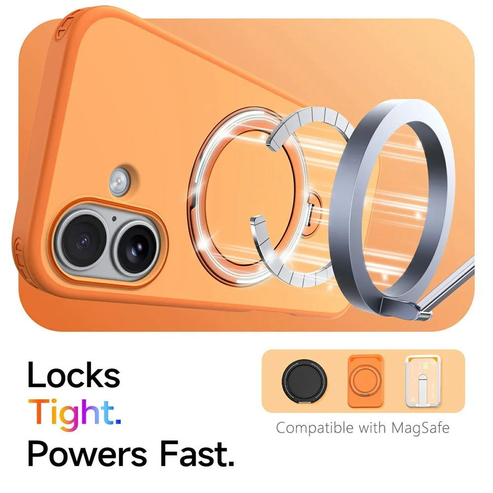 For iPhone 16 Magnetic Case Ring Holder Kickstand PC + TPU Dual-Layer Protective Phone Cover - Orange - 2