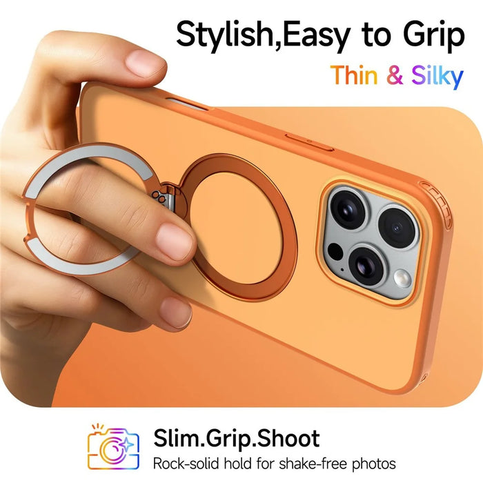 For iPhone 16 Pro Magnetic Case Ring Holder Kickstand PC + TPU Dual-Layer Protective Phone Cover - Orange - 6