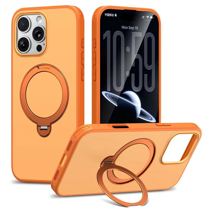 For iPhone 16 Pro Max Magnetic Case Ring Holder Kickstand PC + TPU Dual-Layer Protective Phone Cover - Orange - 1