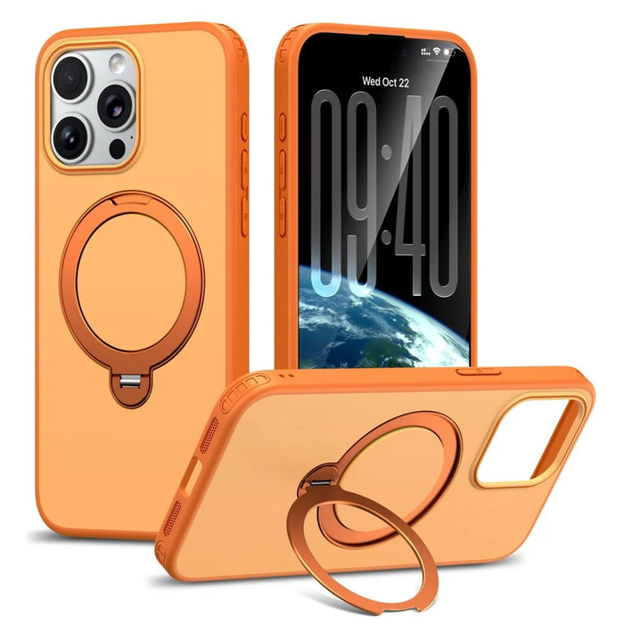 For iPhone 15 Pro Magnetic Case Ring Holder Kickstand PC + TPU Dual-Layer Protective Phone Cover - Orange - 1