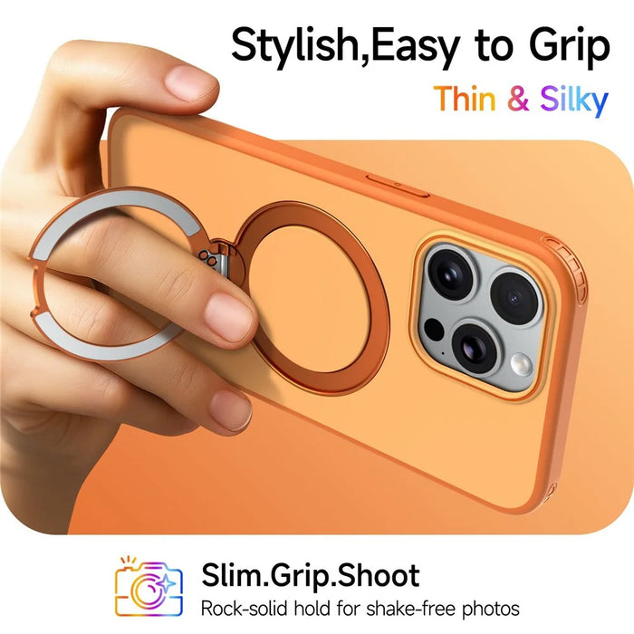 For iPhone 15 Pro Magnetic Case Ring Holder Kickstand PC + TPU Dual-Layer Protective Phone Cover - Orange - 6