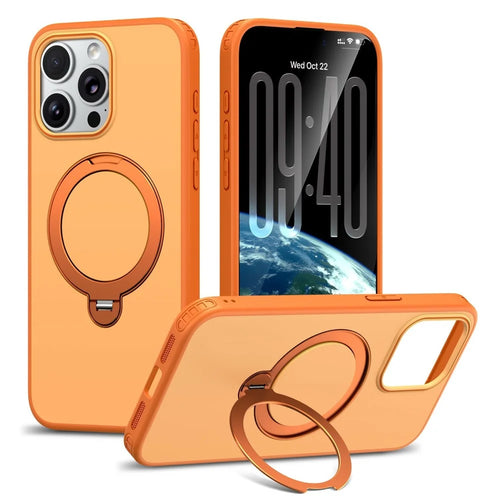 For iPhone 14 Pro Max Magnetic Case Ring Holder Kickstand PC + TPU Dual-Layer Protective Phone Cover - Orange - 1