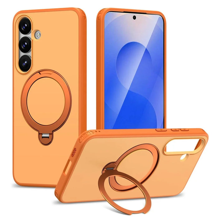 For Samsung Galaxy S25 FE Magnetic Case Ring Holder Kickstand PC + TPU Dual-Layer Protective Phone Cover - Orange - 1