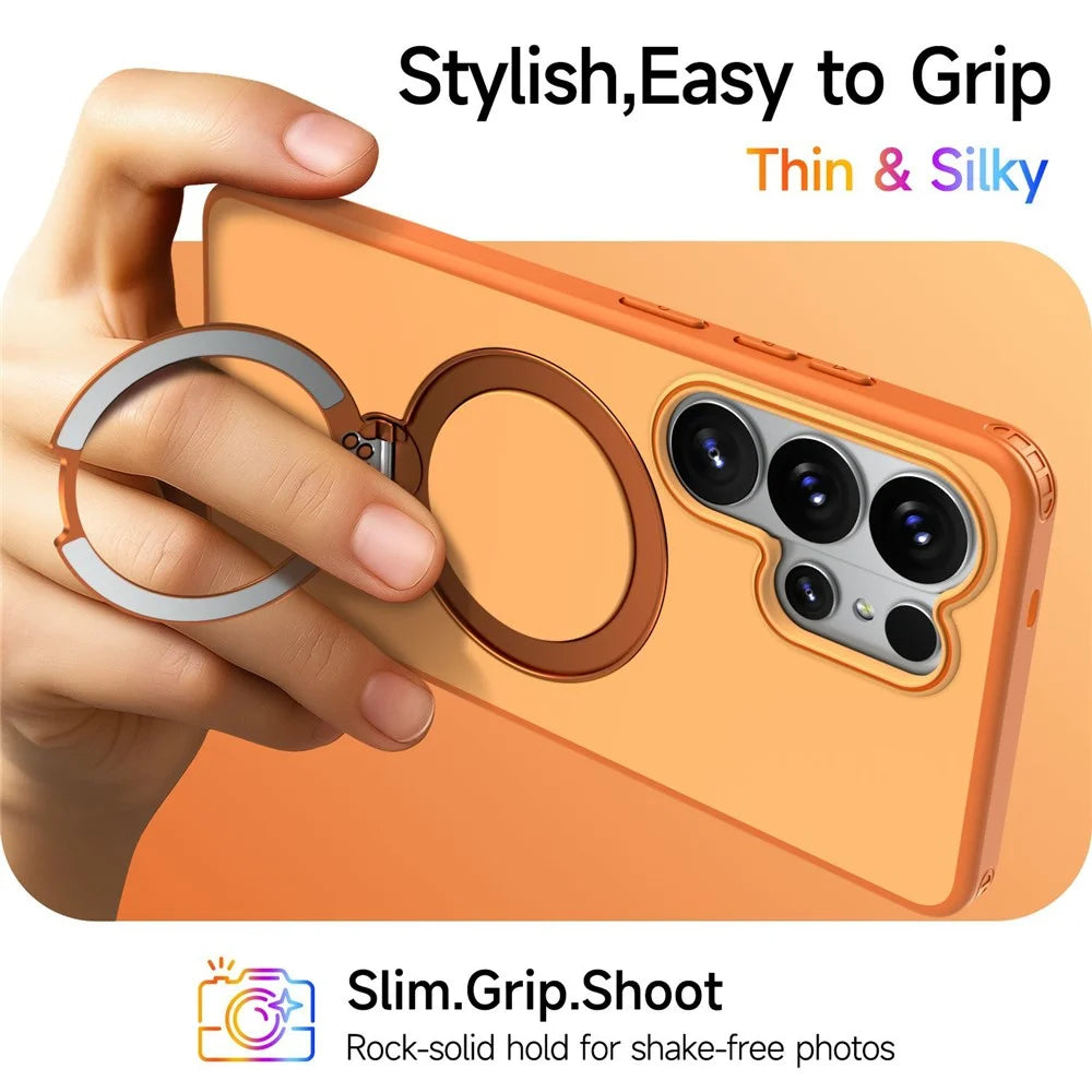 For Samsung Galaxy S26 Ultra Magnetic Case Ring Holder Kickstand PC + TPU Dual-Layer Protective Phone Cover - Orange - 6