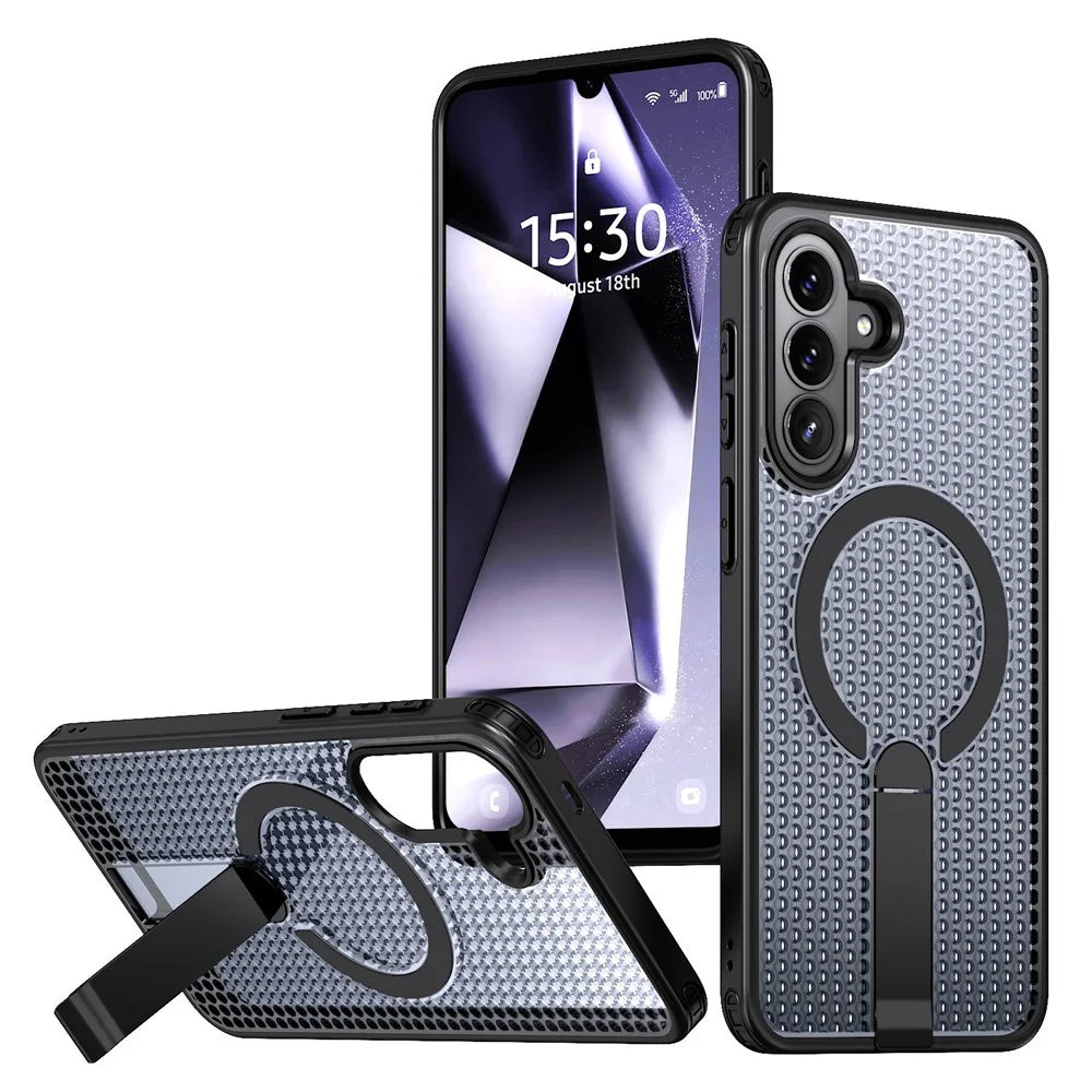 For Samsung Galaxy A37 5G Magnetic Case Kickstand Grid Texture TPU PC Phone Back Cover - Black - 1