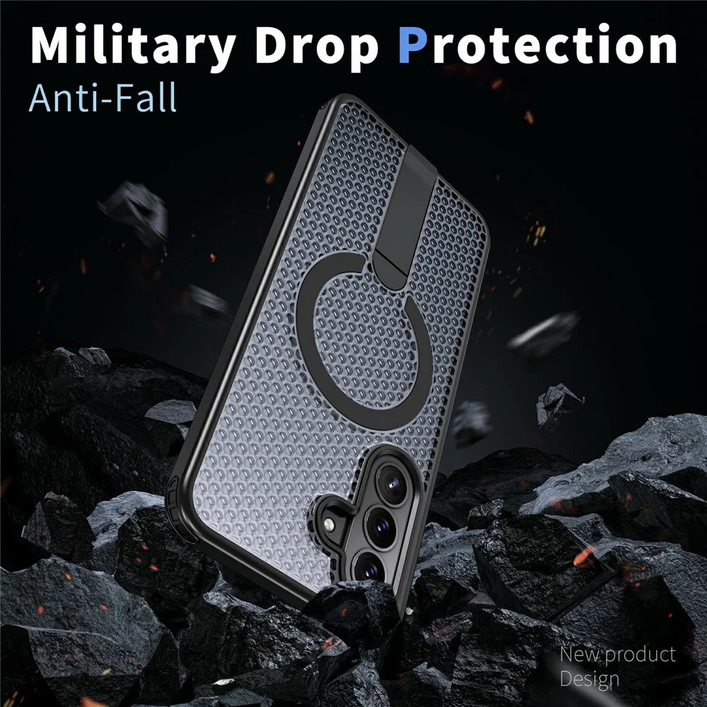 For Samsung Galaxy A37 5G Magnetic Case Kickstand Grid Texture TPU PC Phone Back Cover - Black - 3
