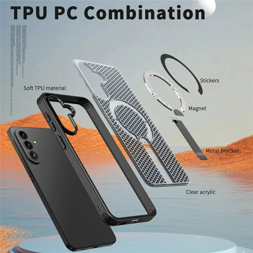 For Samsung Galaxy A37 5G Magnetic Case Kickstand Grid Texture TPU PC Phone Back Cover - Black - 5