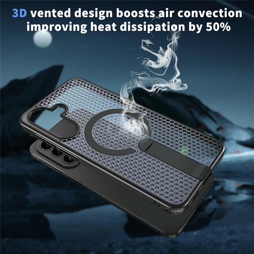 For Samsung Galaxy A37 5G Magnetic Case Kickstand Grid Texture TPU PC Phone Back Cover - Black - 7
