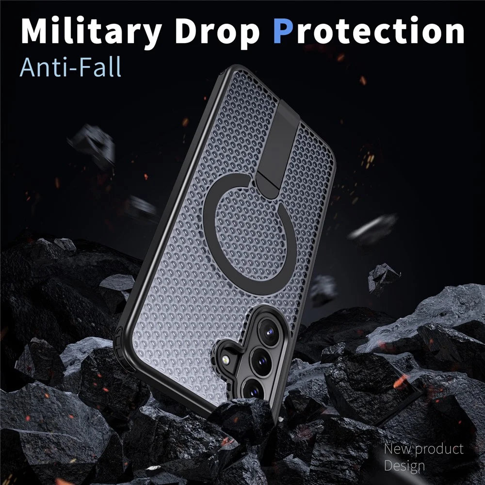 For Samsung Galaxy A57 5G  Magnetic Case Kickstand Grid Texture TPU PC Phone Back Cover - Black - 3