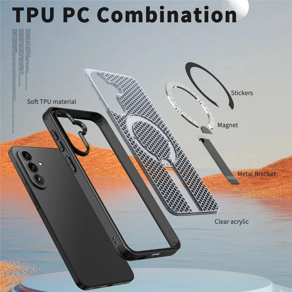 For Samsung Galaxy A57 5G  Magnetic Case Kickstand Grid Texture TPU PC Phone Back Cover - Black - 5