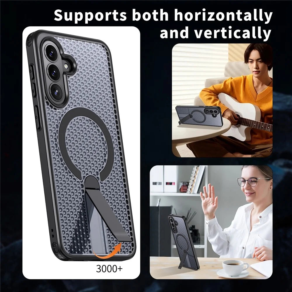 For Samsung Galaxy A57 5G  Magnetic Case Kickstand Grid Texture TPU PC Phone Back Cover - Black - 6