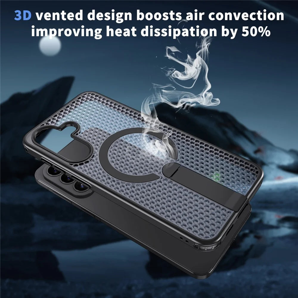 For Samsung Galaxy A57 5G  Magnetic Case Kickstand Grid Texture TPU PC Phone Back Cover - Black - 7