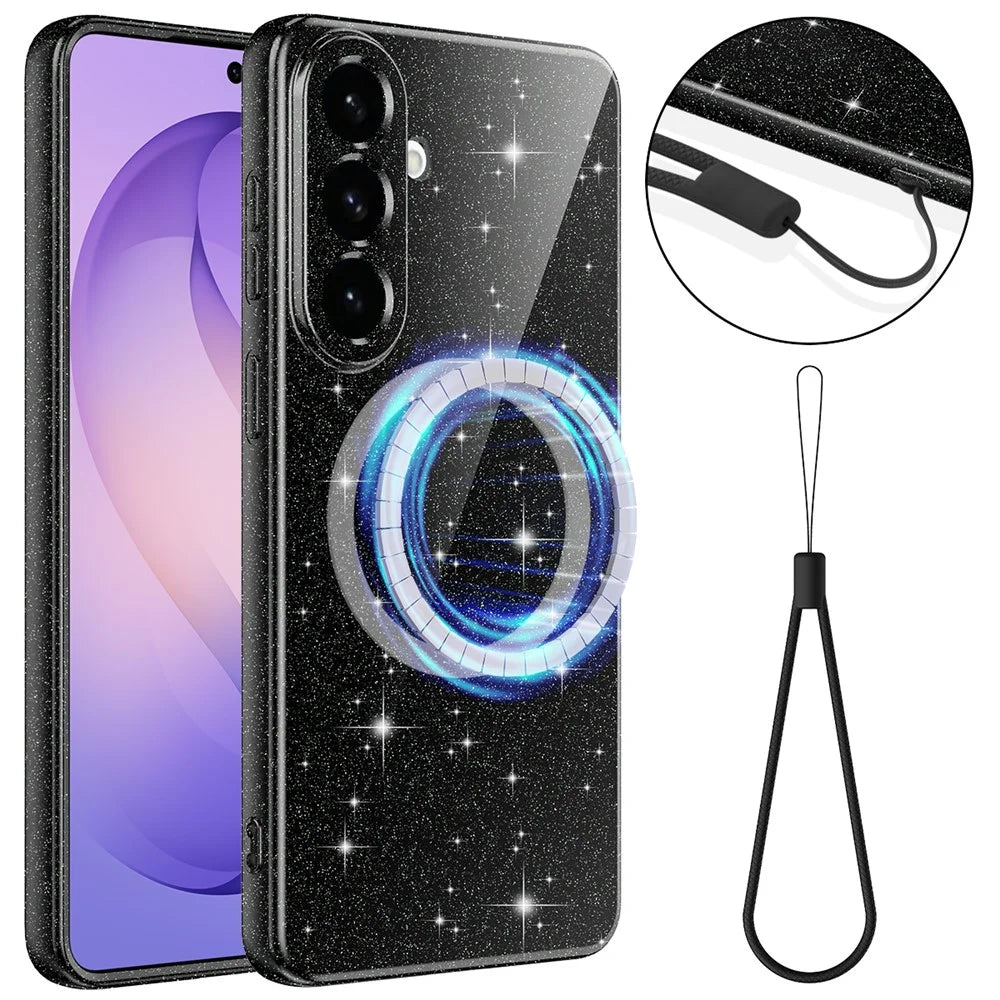 For Samsung Galaxy A27 5G Magnetic Case Glitter TPU Shockproof Phone Cover with Lanyard - Black - 1