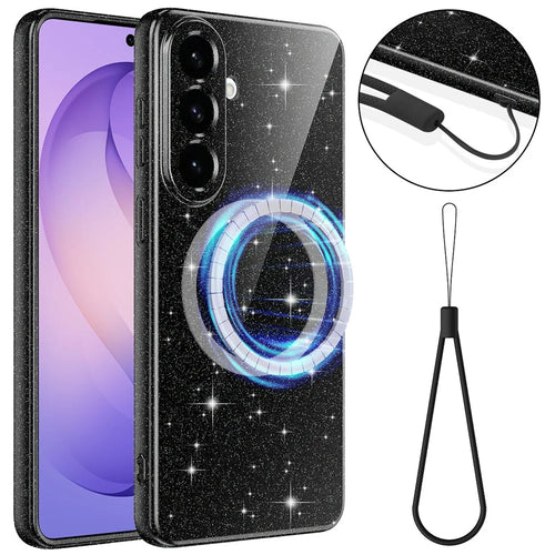 For Samsung Galaxy A27 5G Magnetic Case Glitter TPU Shockproof Phone Cover with Lanyard - Black - 1
