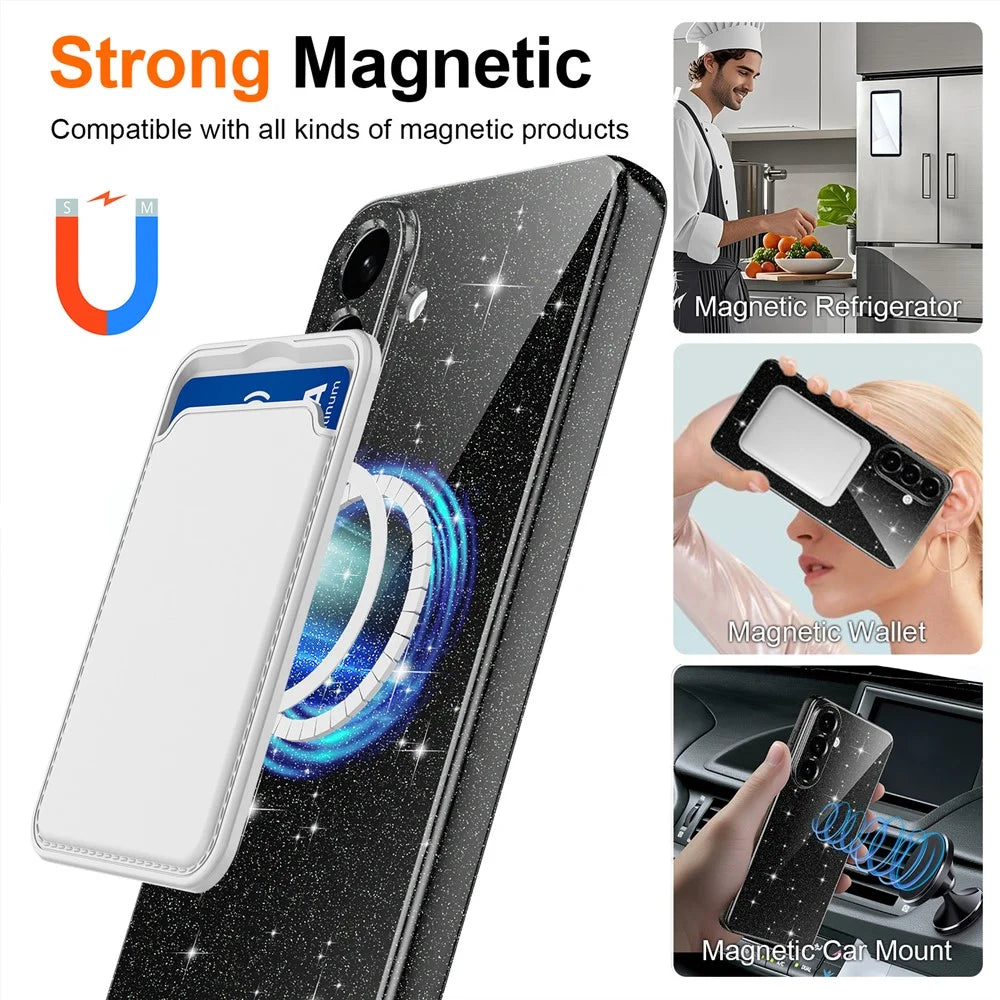 For Samsung Galaxy A27 5G Magnetic Case Glitter TPU Shockproof Phone Cover with Lanyard - Black - 3