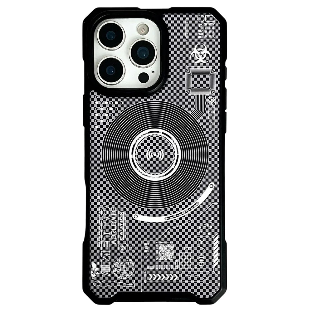 For iPhone 16 Pro Magnetic Case Circuit Board Design PC + TPU Corner Protection Phone Cover - White Plaid - 1
