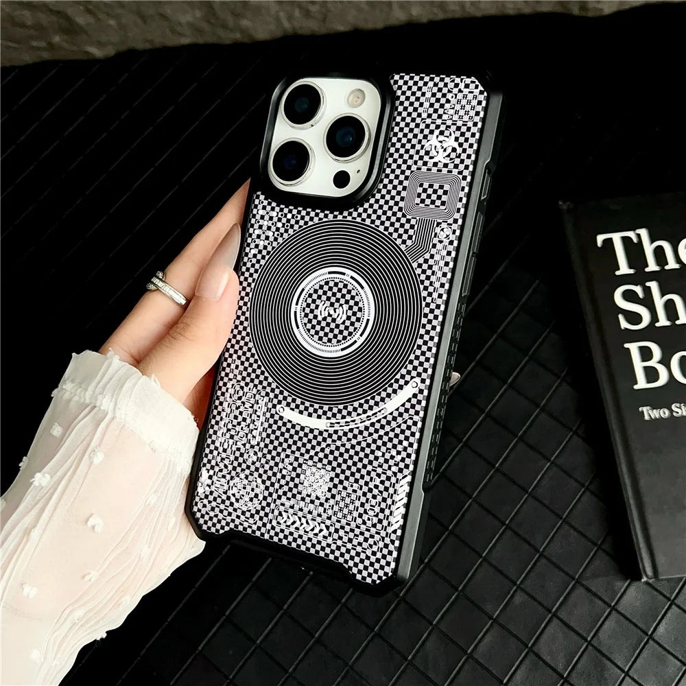 For iPhone 16 Pro Magnetic Case Circuit Board Design PC + TPU Corner Protection Phone Cover - White Plaid - 2