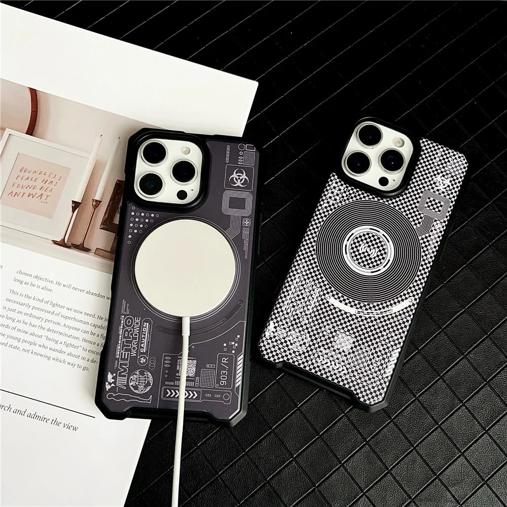 For iPhone 16 Pro Magnetic Case Circuit Board Design PC + TPU Corner Protection Phone Cover - White Plaid - 7