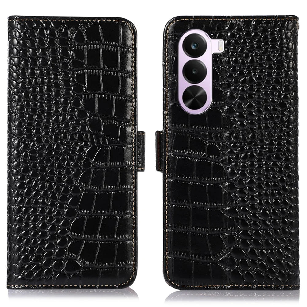 For OnePlus Nord CE6 Lite 5G  /  Realme P4x 5G Case RFID Blocking Wallet Crocodile Texture Genuine Cow Leather Phone Cover - Black - 1