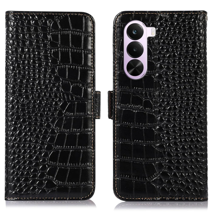 For OnePlus Nord CE6 Lite 5G  /  Realme P4x 5G Case RFID Blocking Wallet Crocodile Texture Genuine Cow Leather Phone Cover - Black - 1