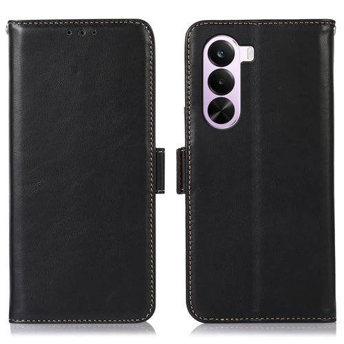 For OnePlus Nord CE6 Lite 5G  /  Realme P4x 5G Case RFID Blocking Genuine Cow Leather Wallet Phone Cover - Black - 1