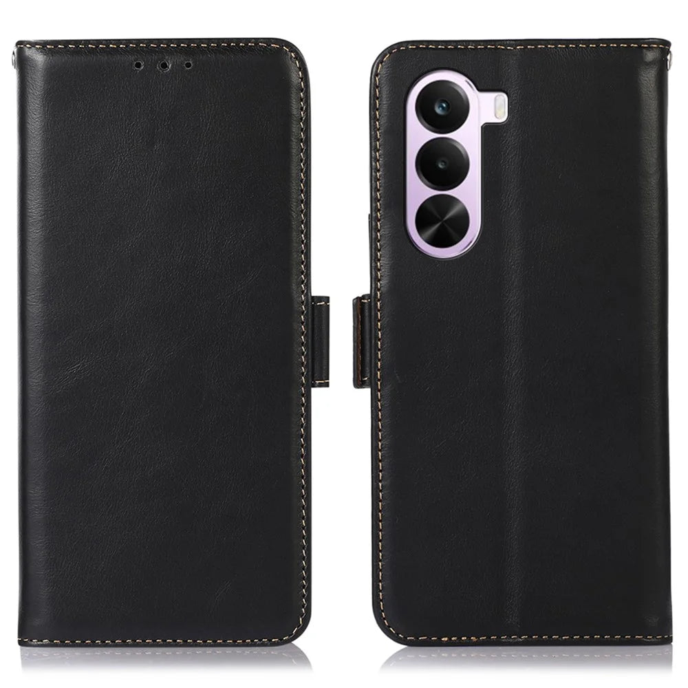 For OnePlus Nord CE6 Lite 5G  /  Realme P4x 5G Case RFID Blocking Genuine Cow Leather Wallet Phone Cover - Black - 1