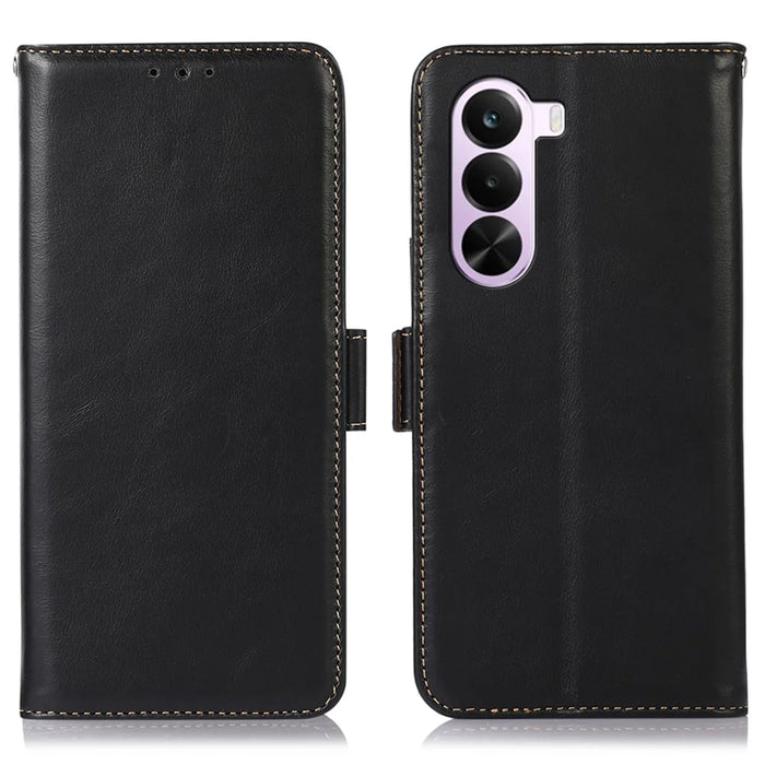 For OnePlus Nord CE6 Lite 5G  /  Realme P4x 5G Case RFID Blocking Genuine Cow Leather Wallet Phone Cover - Black - 1