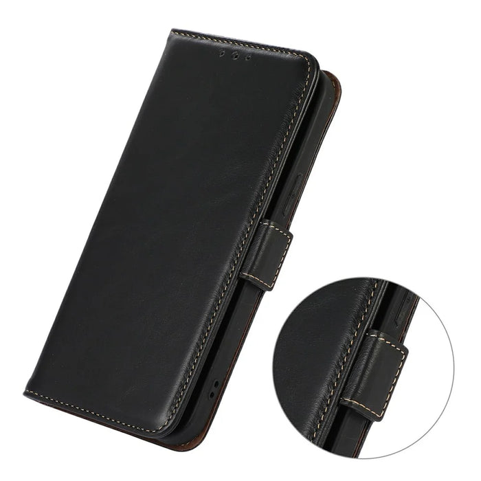 For OnePlus Nord CE6 Lite 5G  /  Realme P4x 5G Case RFID Blocking Genuine Cow Leather Wallet Phone Cover - Black - 5